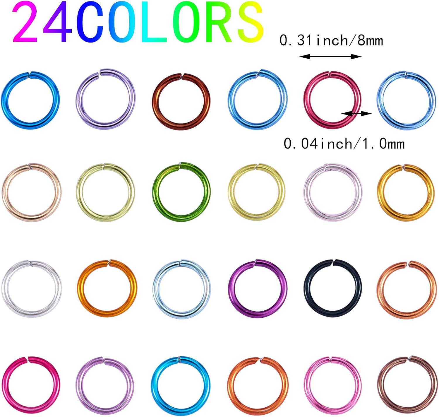4800Pcs 24Colors Jump Ring 8mm Aluminum Wire Open Jump Ring Chainmail Jump Rings O Shape Colored Jump Rings Set for Necklace Bracelet Earrings Charm Jewelry Making Supplies