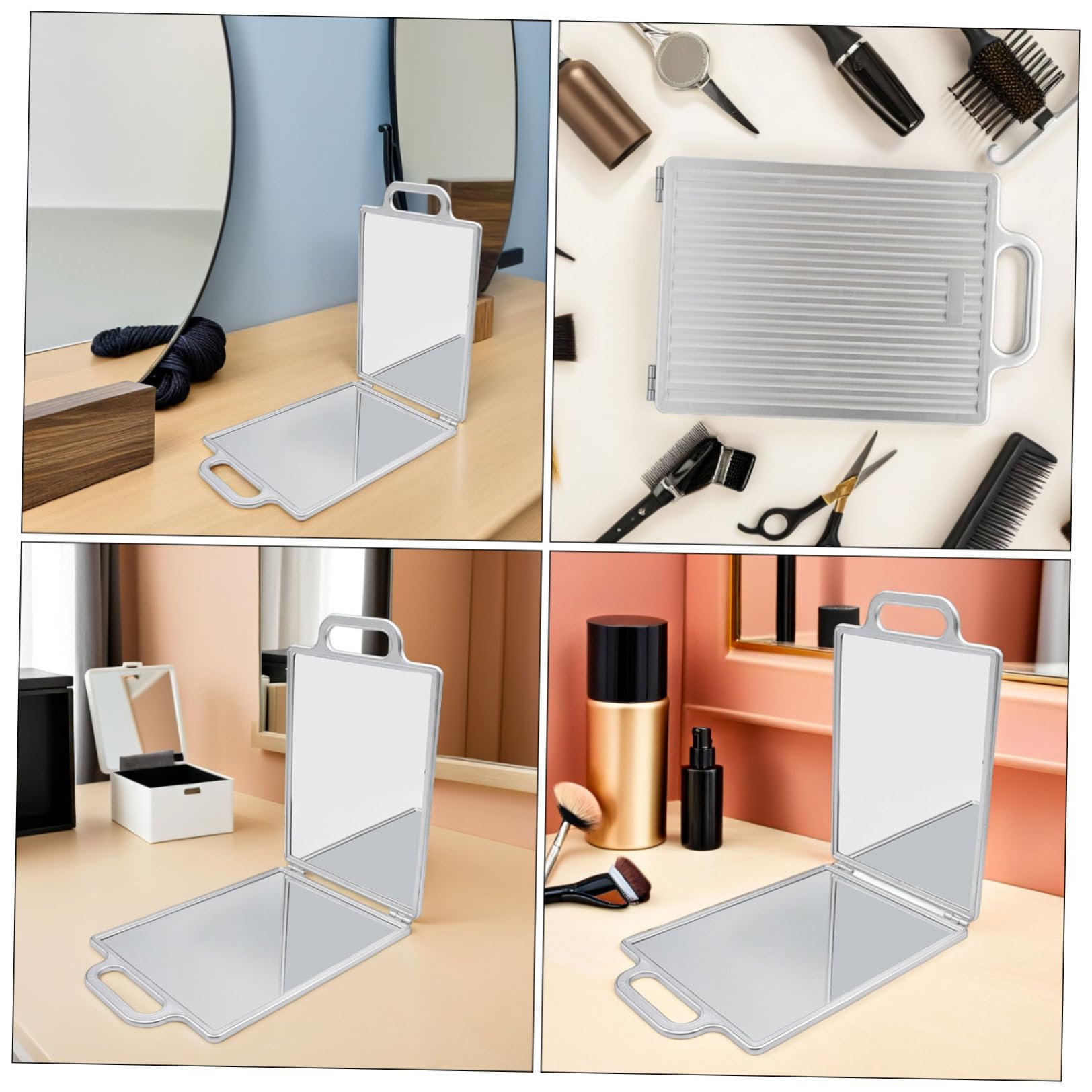 BETOOKY Specchio da Pieghevole Doppia Faccia con Doppia Maniglia, Portatile in Vetro e Plastica Argento per Styling e Viaggio
