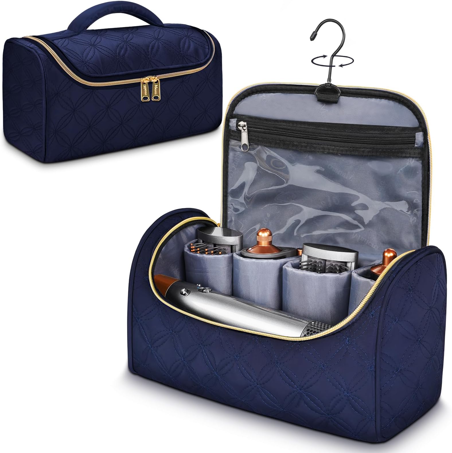 Padded Travel Case Compatible with Dyson Airwrap Complete Styler and Attachments, Portable Storage Bag with Metal Hanging Hook for Airwrap All Models, Long Barrel, Hair Curler Accessories, Blue