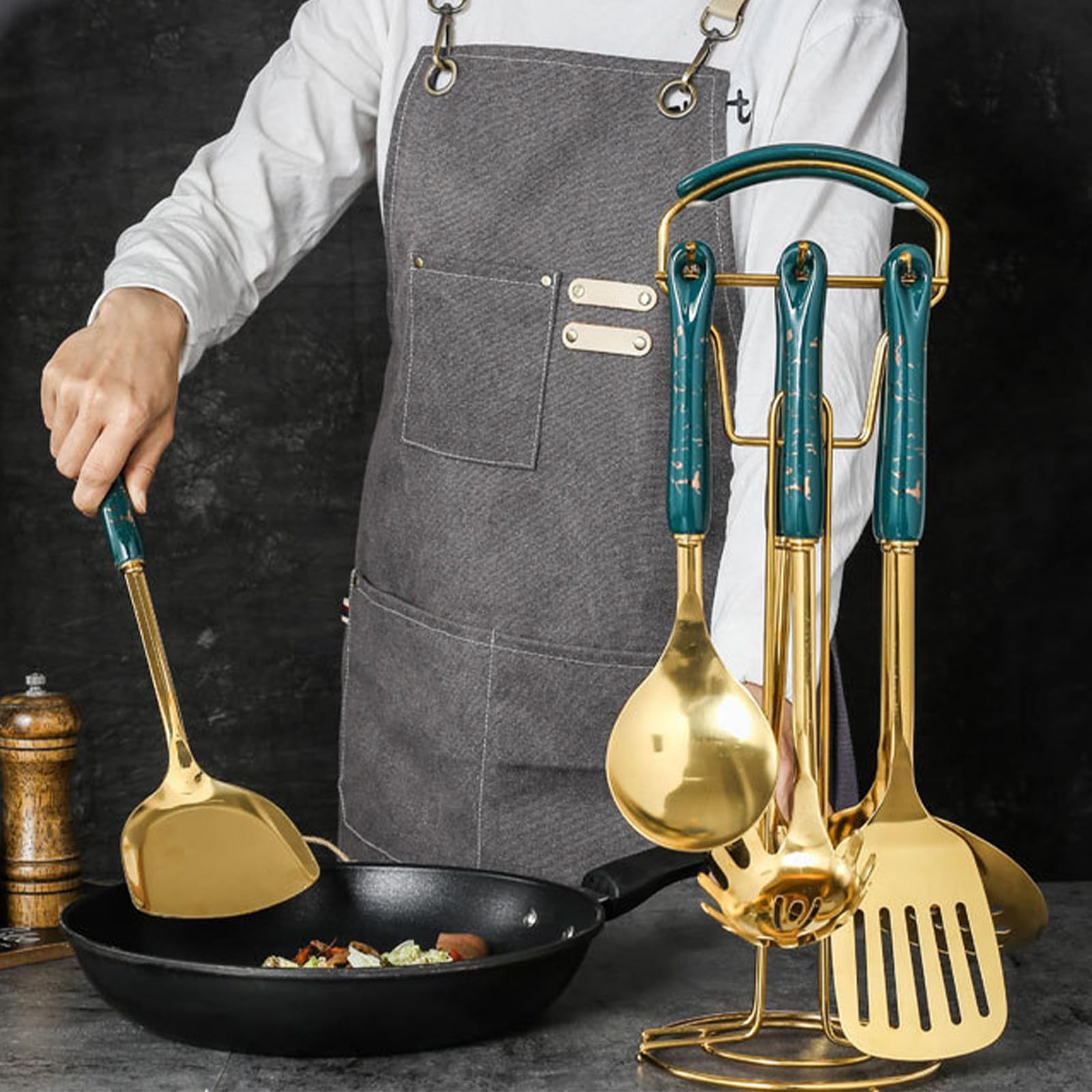 Set di 7 utensili da cucina in acciaio antiruggine con manici antiscivolo e lavabili in lavastoviglie per chef moderni, robusti utensili da cucina in acciaio antiruggine