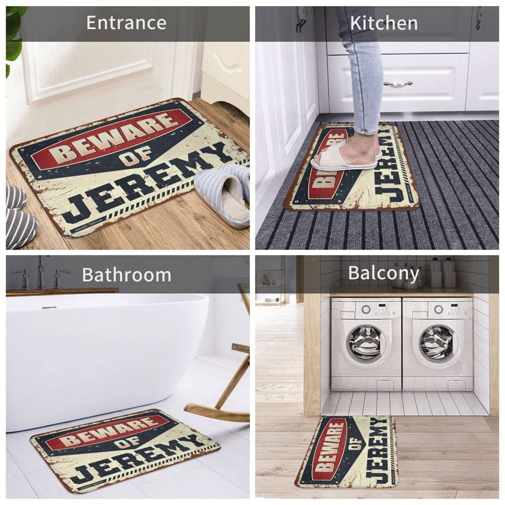 Felpudo de bienvenida para entrada al aire libre, diseño con texto en inglés "Hello Beware of Jeremy", regalo de jardín, decoración retro (65 x 90 cm)