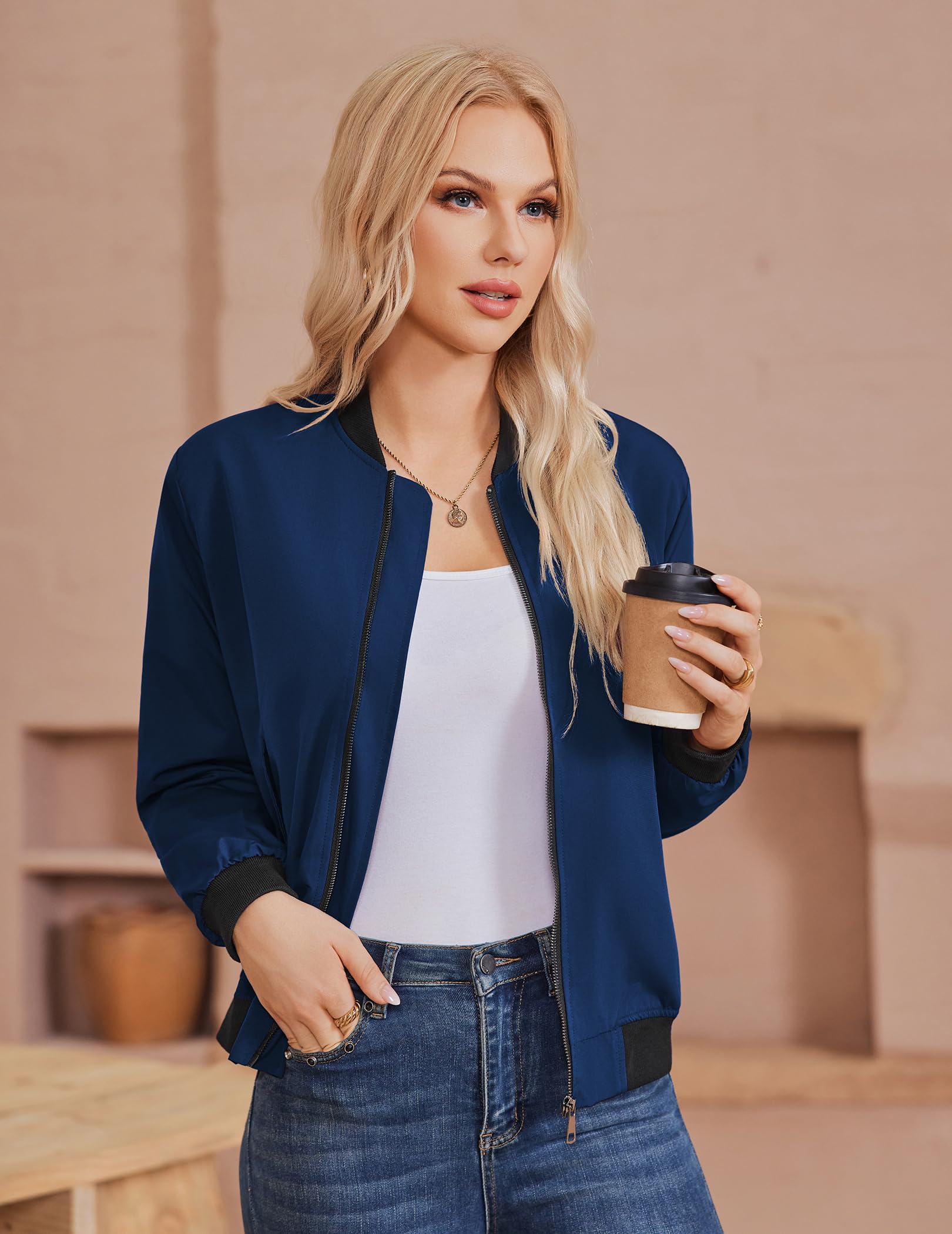 Zeagoo Veste Bomber Femme Blouson Court Court Léger Manches Longues style Décontracté Printemps et été Zippée Outwear Jacket S-3XL
