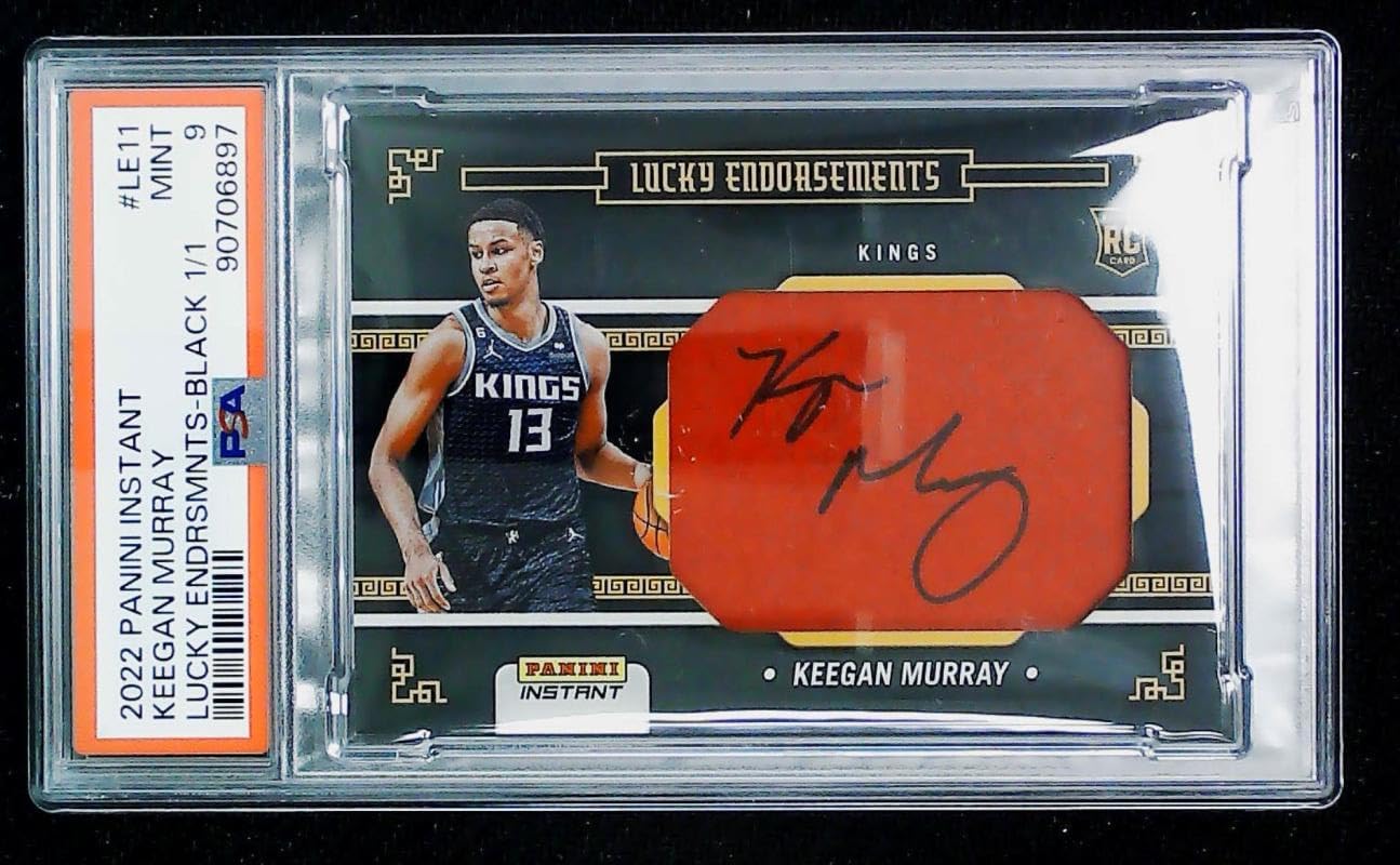 2022-23 Panini Instant Lucky Endorsements Autograph #LE-11 Keegan Murray RC Rookie AUTO 1/1 Kings Basketball Trading Card Graded PSA 9 (MINT)