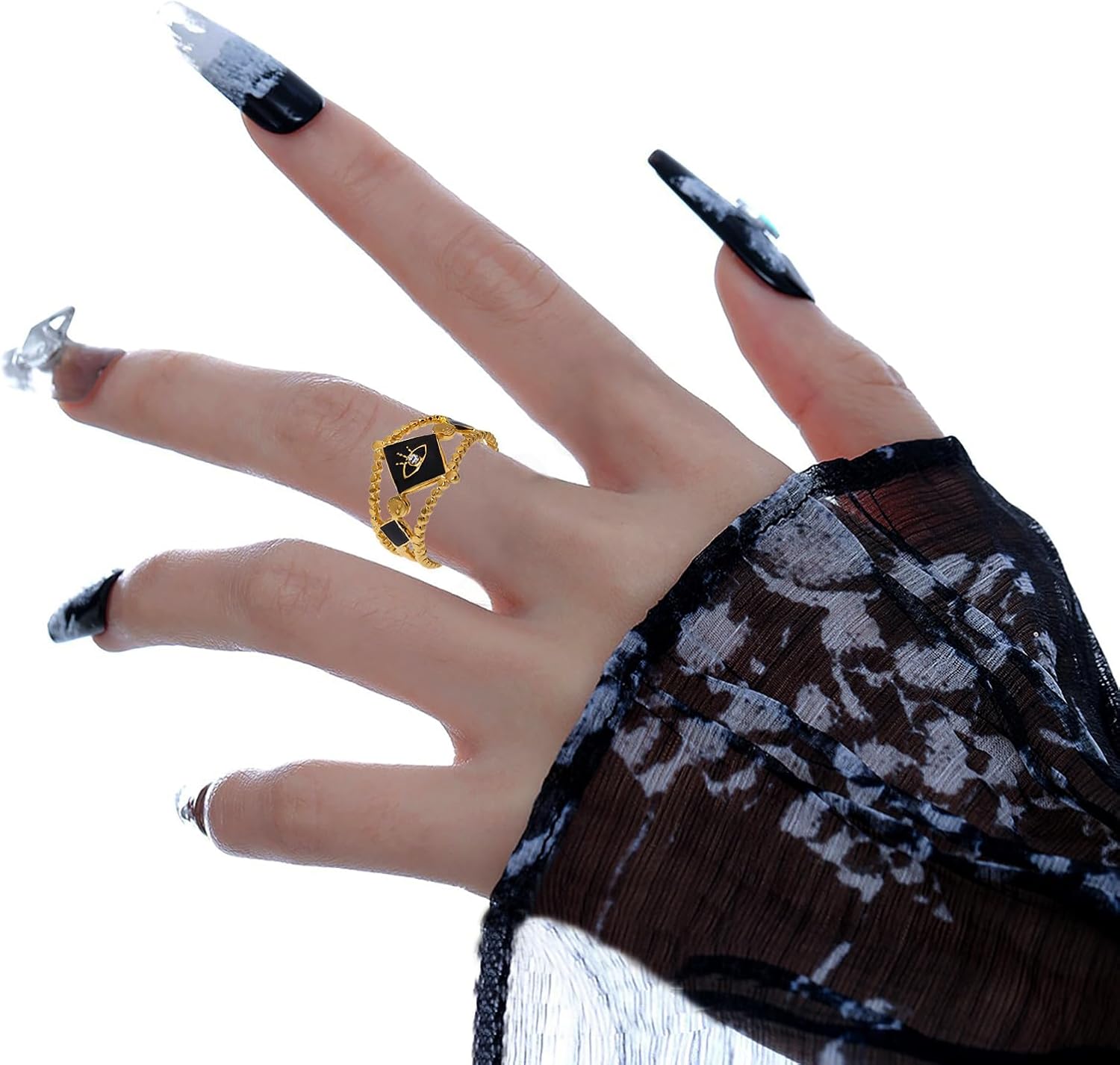 Enamel Evil Eye Rings for Women 14K Gold Plated Adjustable Evil Eye CZ Open Ring - Image 2