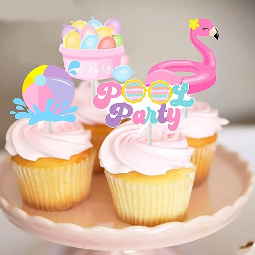 Miniatura 7 de 36 adornos de verano para cupcakes, decoraciones de fiesta en la piscina, selecciones de pasteles de cumpleaños con temática acuática para natación,