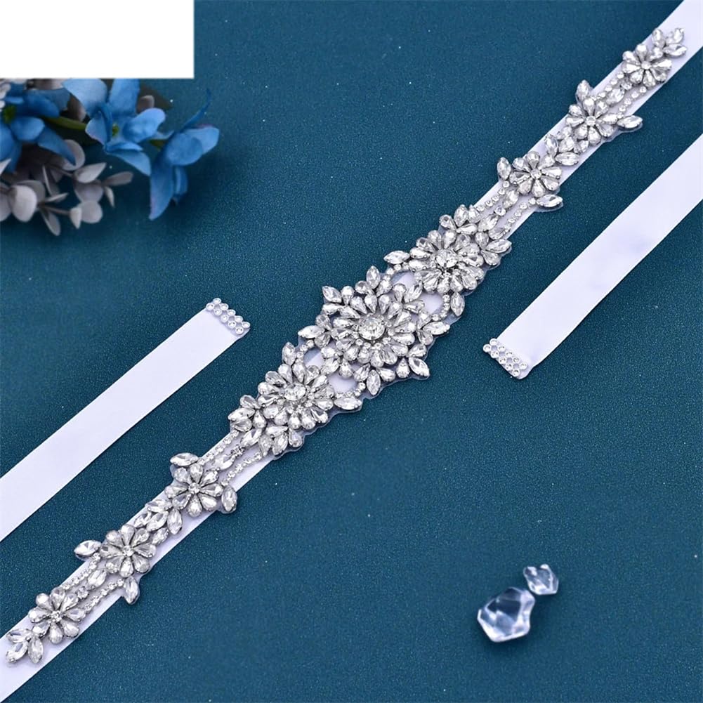 Cinturón largo de boda con diamantes de imitación plateados, accesorio para vestido de noche, cinturón de lazo para el día de San Valentín