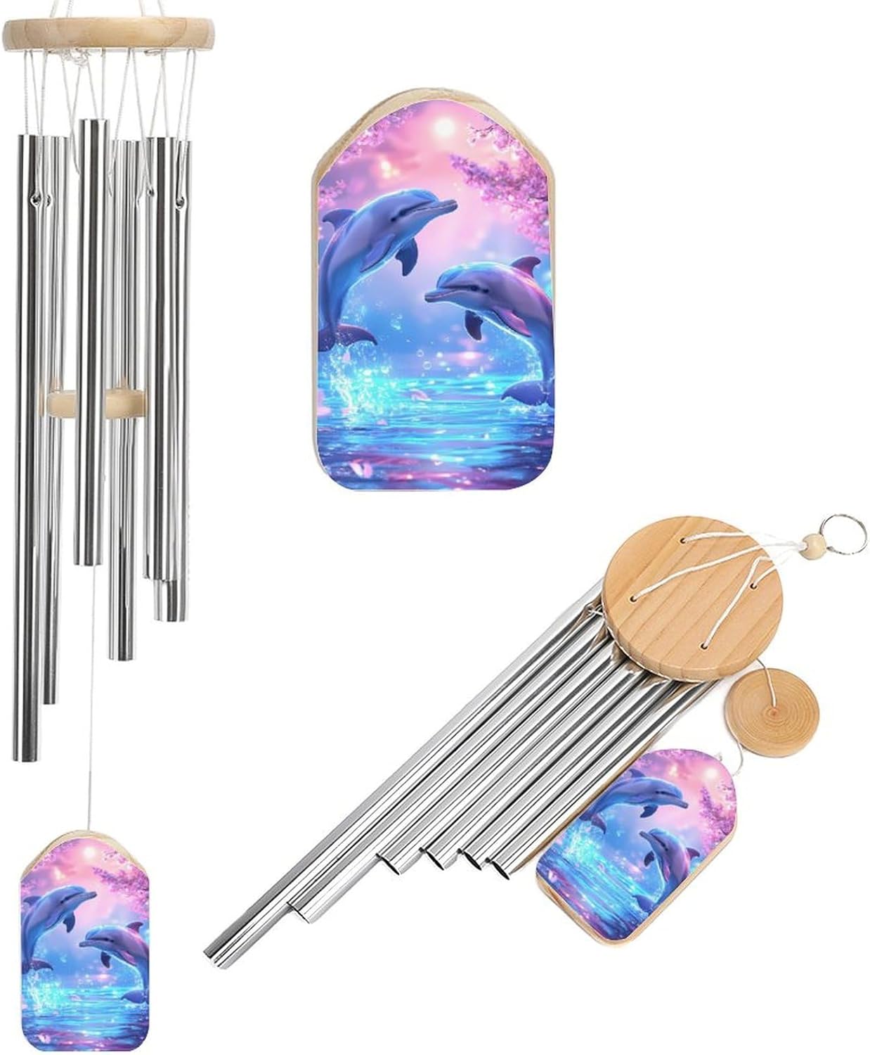 Dolphins Flowers Jumping Wooden Wind Chimes Deep Tone Memorial Windchime for Outside Garden Home Decoration