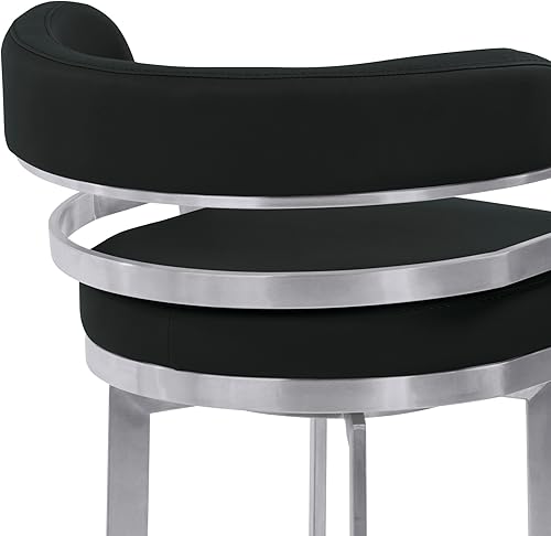 Vista 83 de Armen Living Prinz Taburete giratorio de 26 pulgadas de altura de mostrador en piel sintética negra y acabado de acero inoxidable cepillado