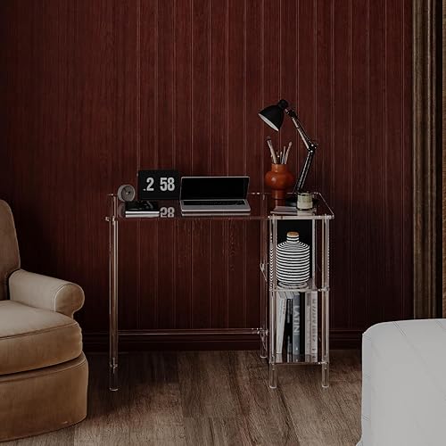 Miniatura 7 de HMYHUM Escritorio de acrílico para computadora de 40 pulgadas con estantes de almacenamiento reversibles, escritorio transparente de oficina en casa