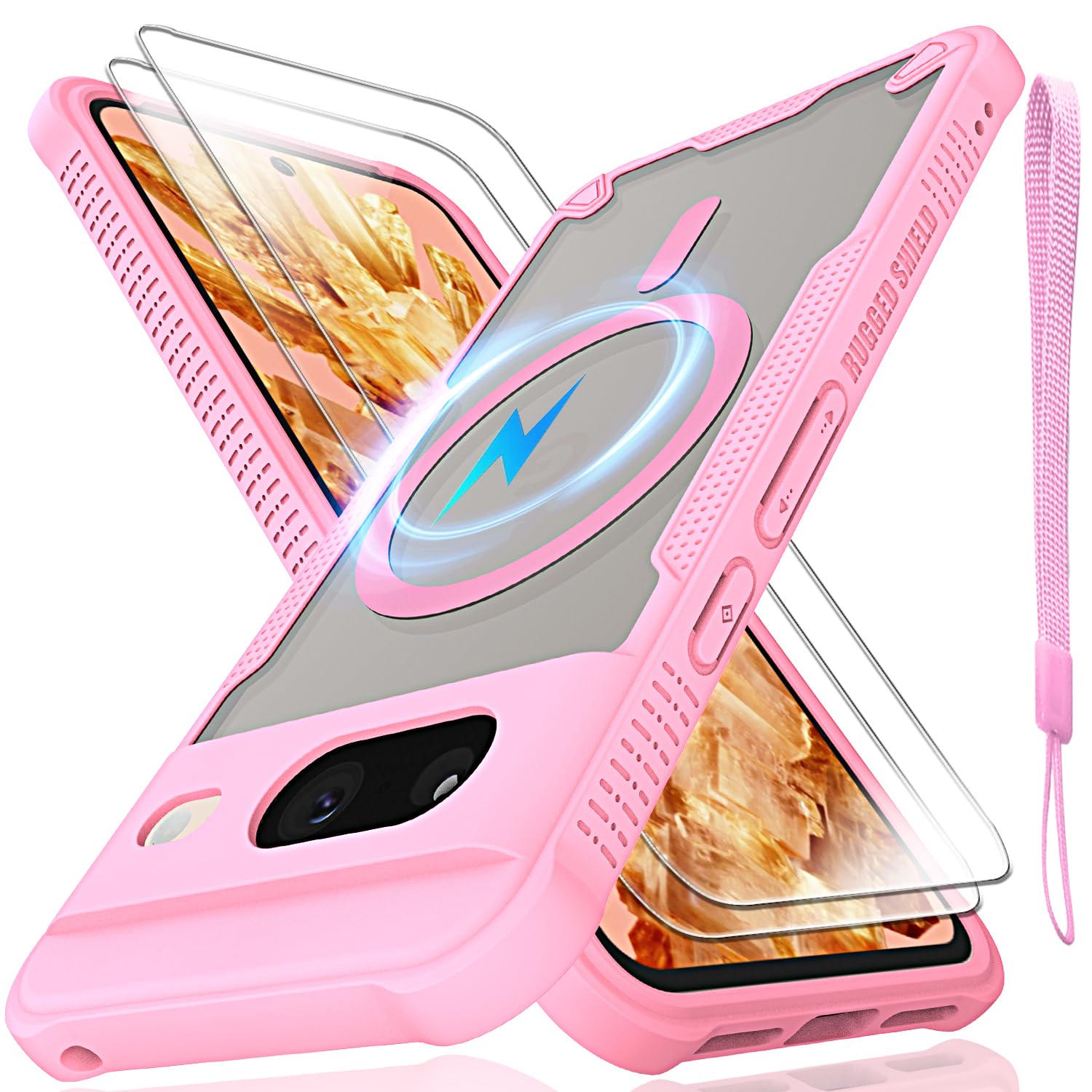Coque antichoc Google Pixel 8 magnétique rose pour sécuriser vos photos en voyage avec dragonne - 7