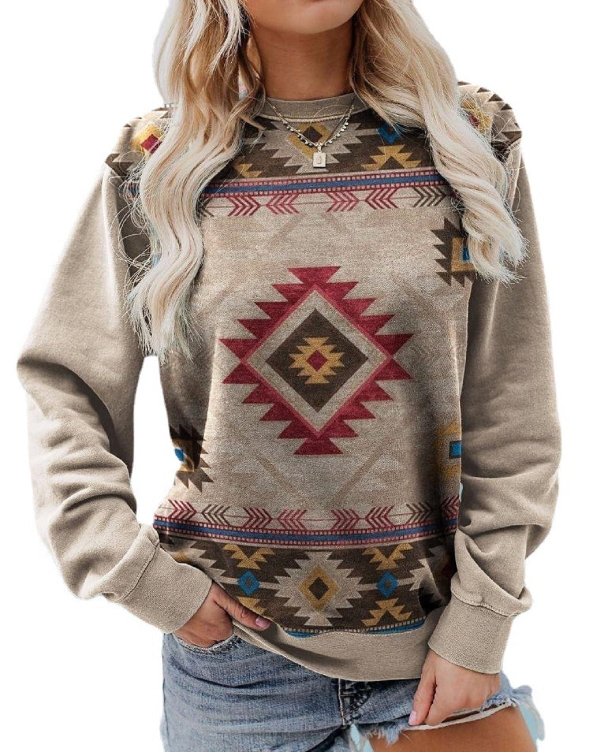 XubowayWomens Western Aztec Geometric Hoodie Ethnic Graphic Pullover Sweater Long Sleeve Sweatshirt 2023 fall Trendy Clothes