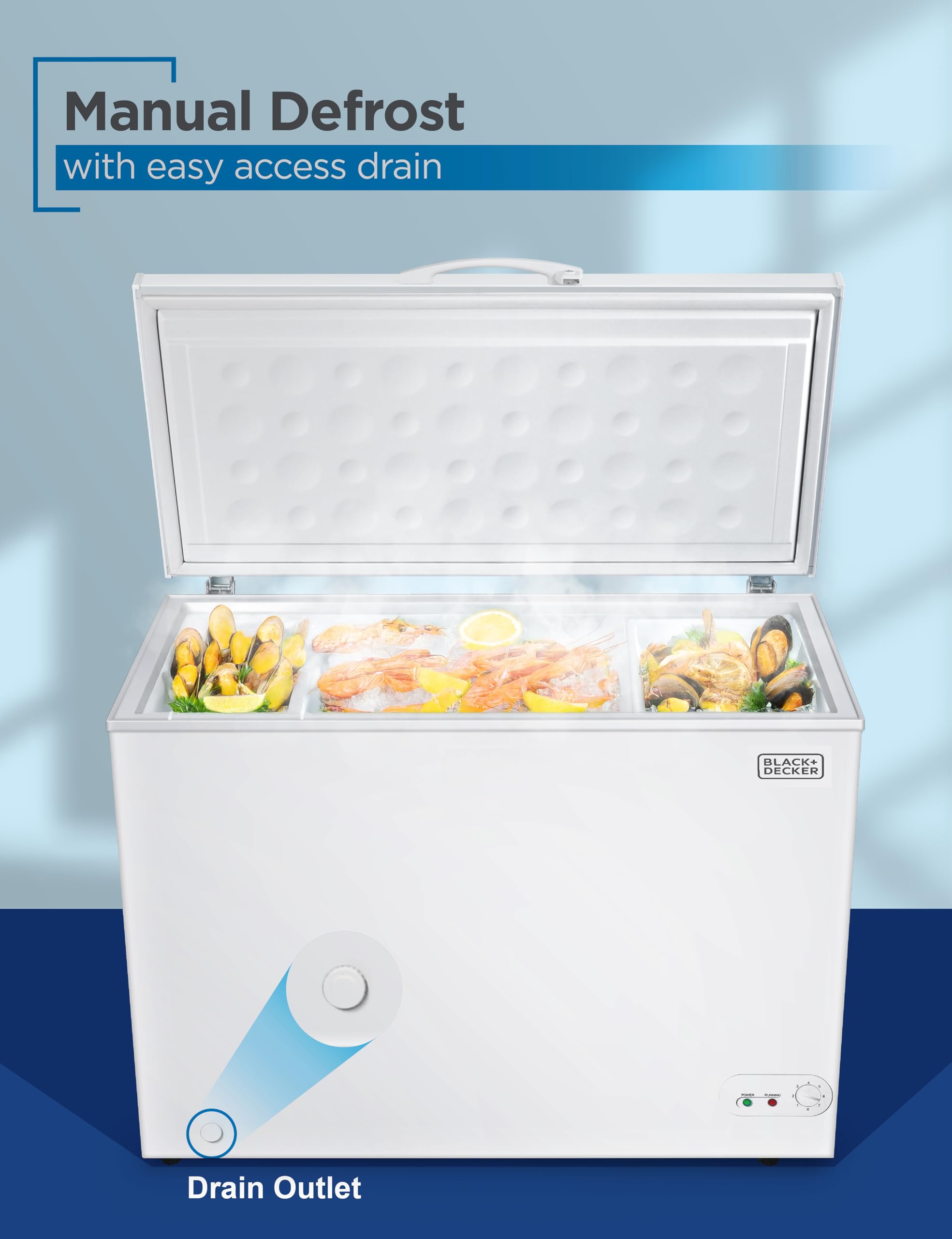 Black+Decker 8.9 Cu. Ft. Chest Freezer, Deep Freezer With Top Opening, Freezer Chest With Removable Storage Basket, Mechanical Temperature Control, Manual Defrost, R600a Refrigerant, Bcf890e, White on Fridge.com - View 5