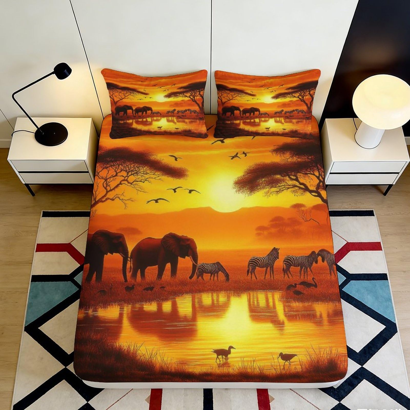 3D Printed African Landscape Fitted Sheet Microfiber Non-Slip Deep Pocket African Sunset Mattress Fitted Cover for Bedroom 120x200x25cm