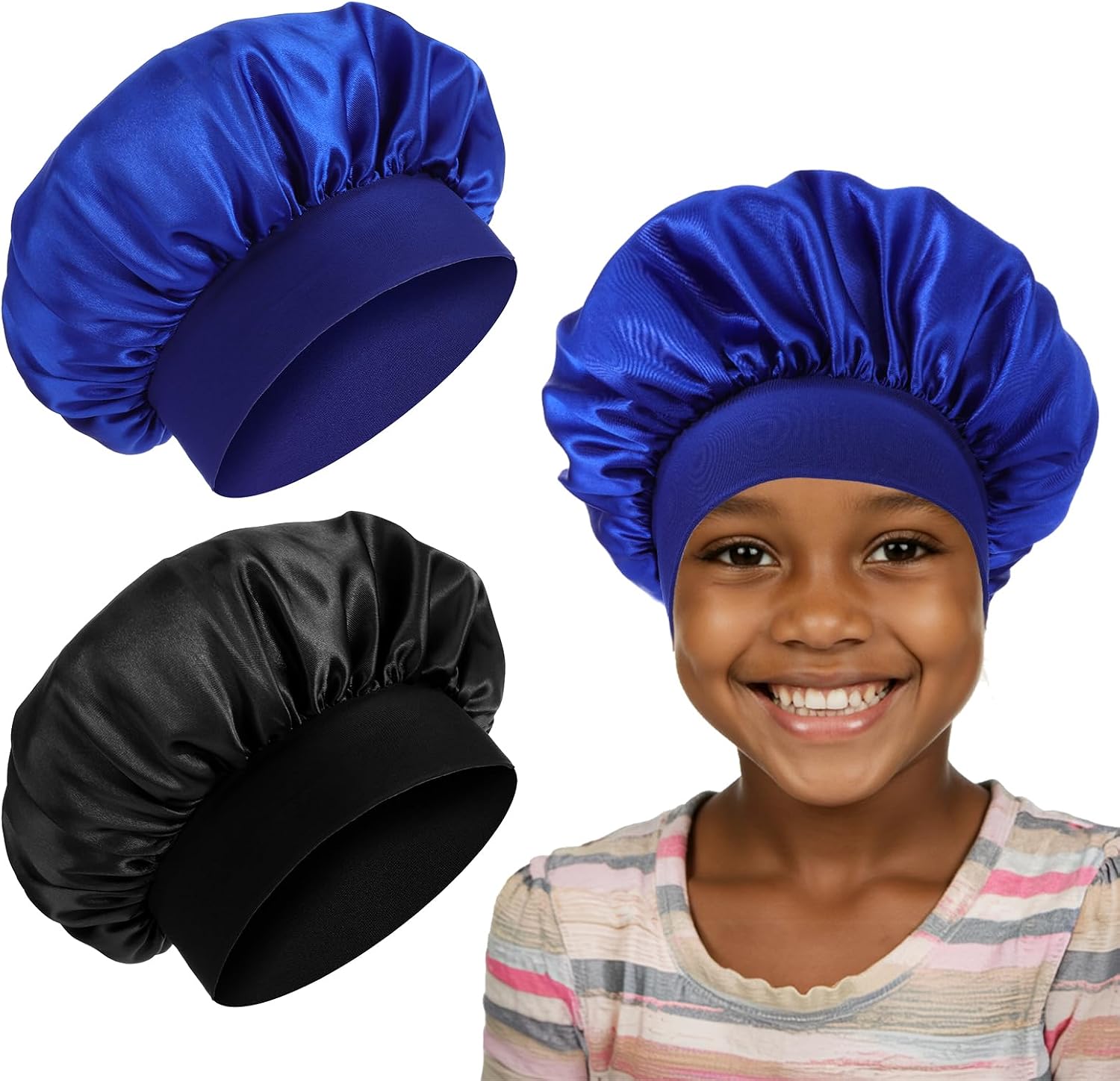 2 PCS Bonnets for Kids Bonnet for Boys Silk Satin Sleeping Cap Satin Kid Bonnets Curly Hair Wrap Elastic Wide Band Bonnet Sleep Cap for Child Toddler