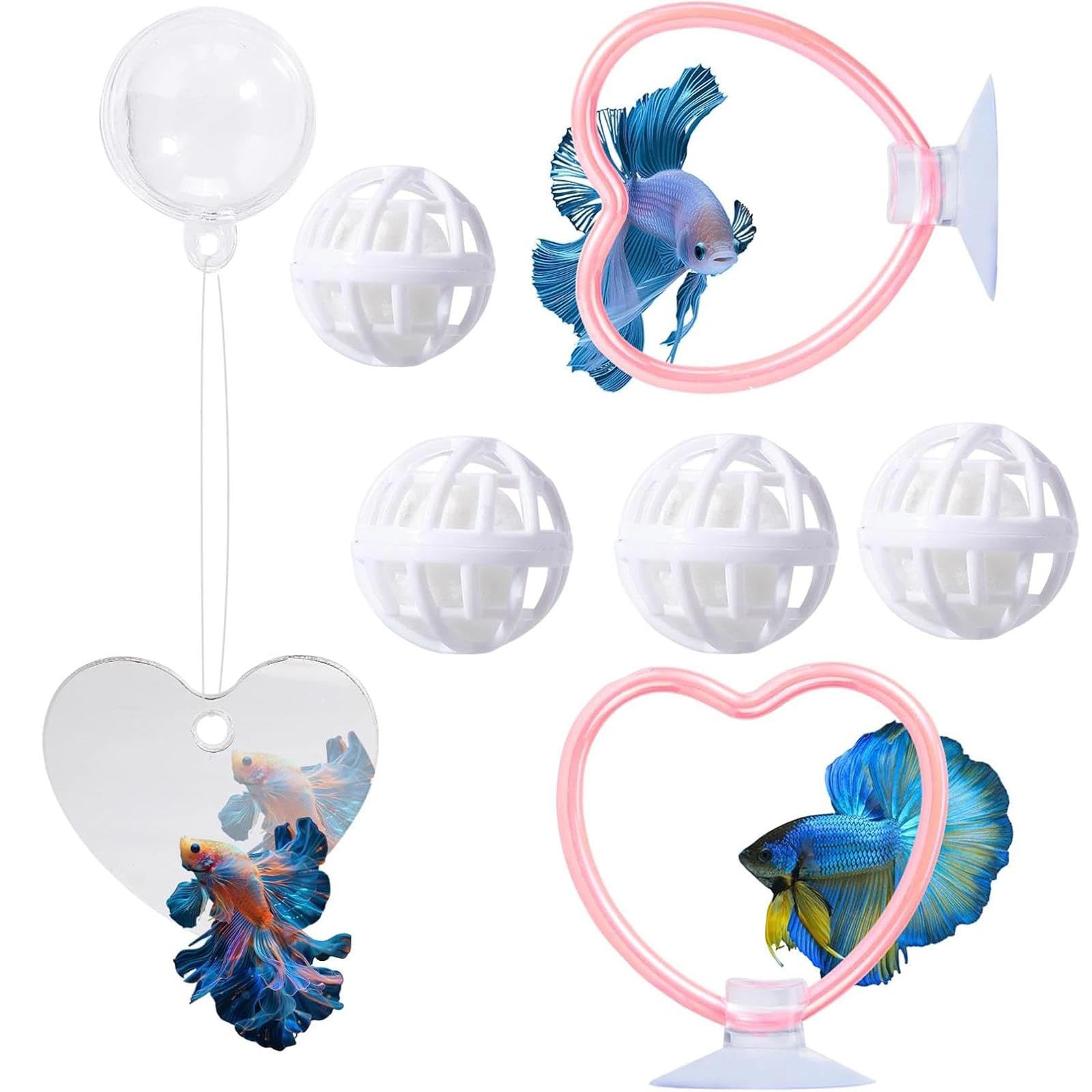 Betta Fish Enrichment Toy Set, 7‑Piece Training Exercise Kit, Heart‑Shaped Exercise Rings, Floating Mirror & Balls, Betta Hide and Feeding Ring, Aquarium Accessories for Small Tank, Turtle Enrichment