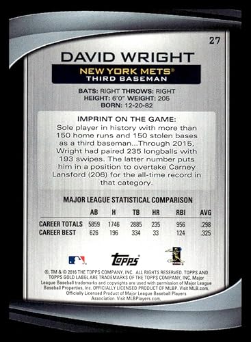 Miniatura 2 de 2016 Topps Gold Label Class 2#27 David Wright NM-MT New York Mets Baseball Trading Card