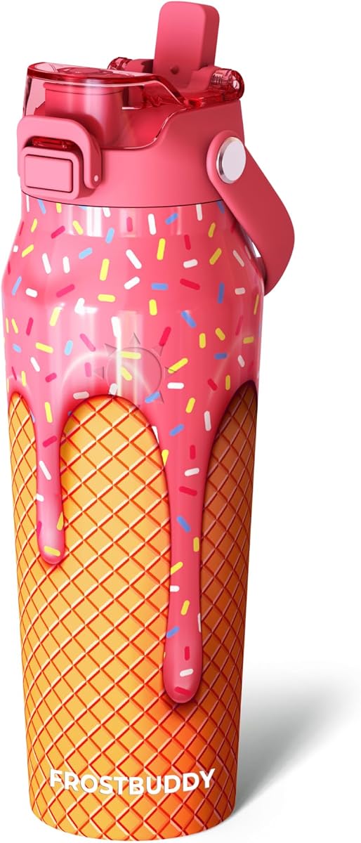 Botella de agua aislada Frost Buddy de 24 oz - Tapa con pajita y chupete - A prueba de fugas | Tapa doble para sorber o beber | Helado durante más de 24 horas | 100% a prueba de fugas con tapa con cierre | Compatible con portavasos