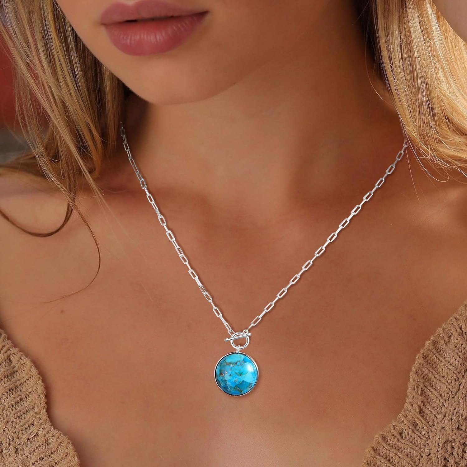 AIBAO Natural Turquoise/Coral/Lapis Lazuli/Malachite Necklaces for Women Sterling Silver Gemstone Toggle Necklace Western Boho Jewelry - Image 2