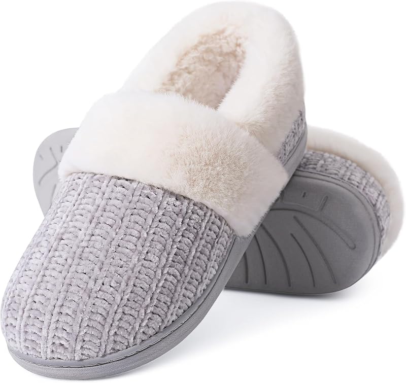 Zapatillas de espuma viscoelástica Evshine Fuzzy para mujer, zapatos de casa de punto con espalda cerrada | Forro suave de lana de cordero sintética, suela de goma antideslizante, comodidad en interiores y exteriores.