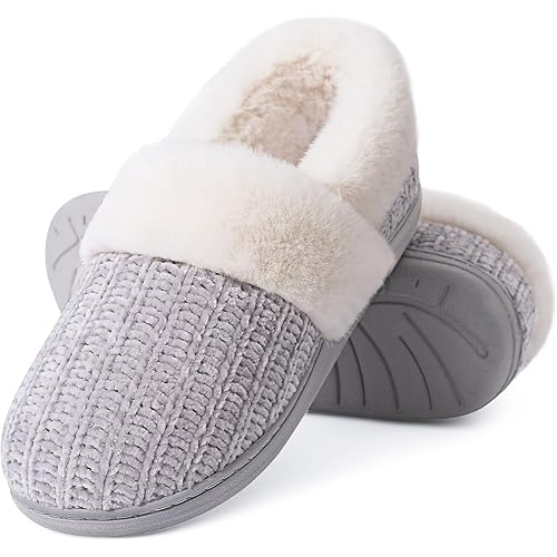 Evshine Women's Fuzzy Memory Foam Slippers, Closed Back Knit Bedroom Slippers, Slip-On Warm House Shoes for Indoor & Outdoor Comfort