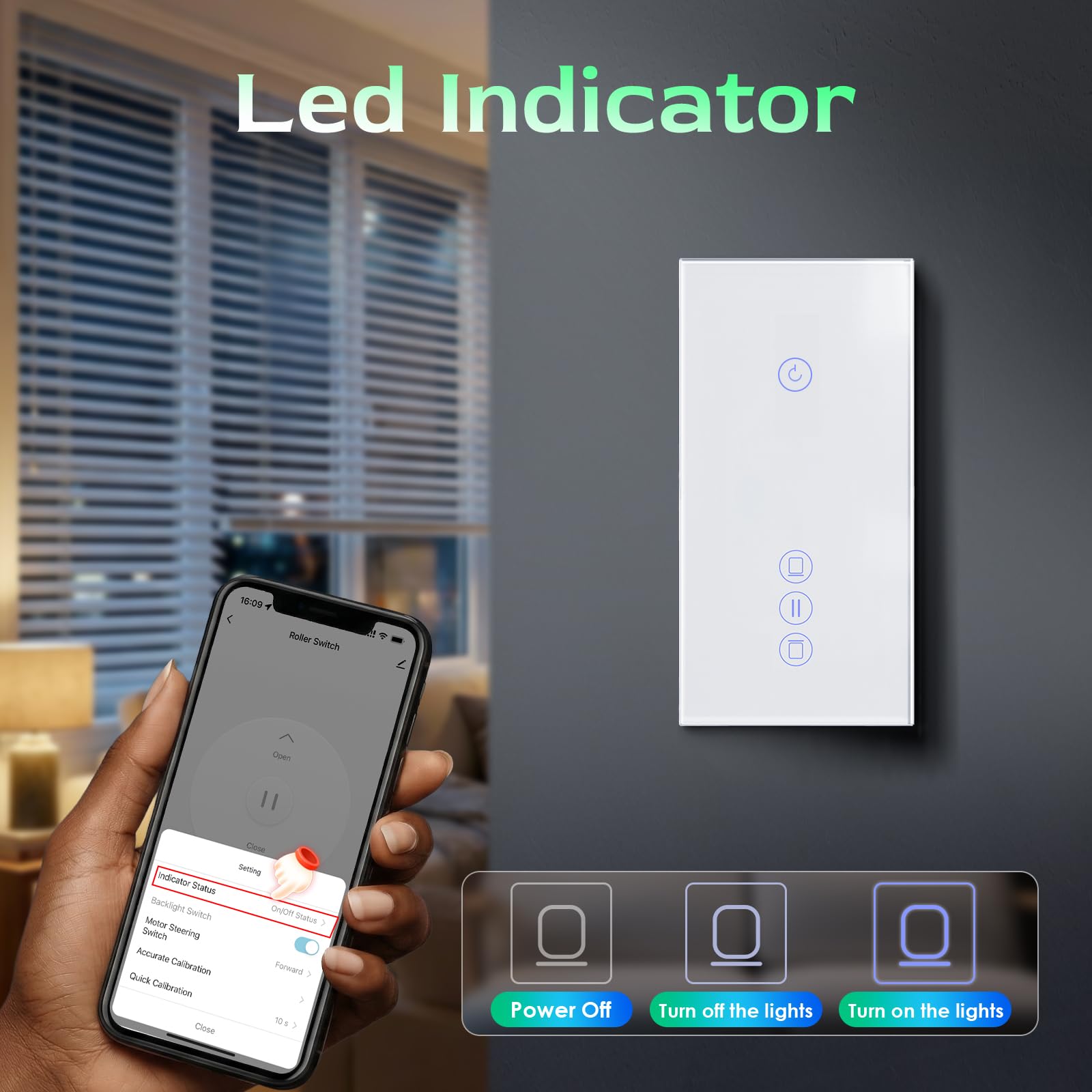 BSEED Interruptor Inteligente con Persiana WiFi,157 * 86mm Blanco,Interruptor Inteligente Pared con Persiana Compatible con Smart Life,Tuya,Alexa y Google Home,Control por Voz,Panel de Cristal