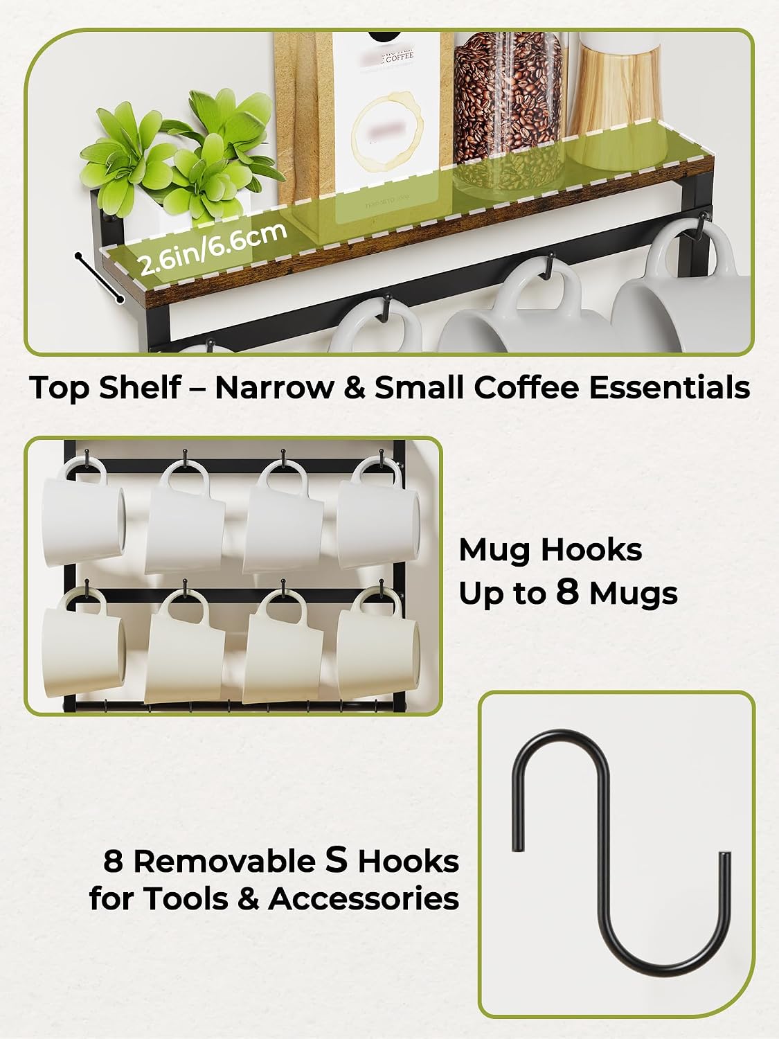 Coffee Mug Holder Wall Mounted, Wood & Metal Rack with 8 Removable S Hooks