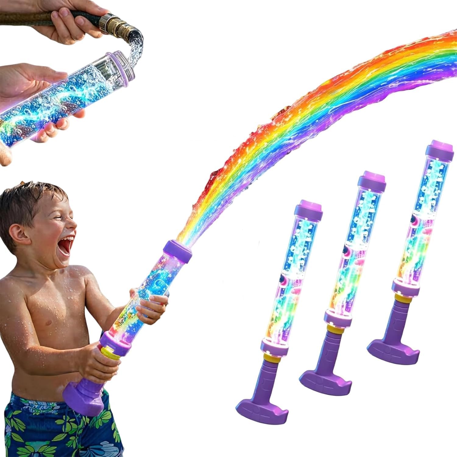 Glowing Rainbow LED Water Blaster, Summer Fun That Pops like Magic, Glowing Rainbow Water Blaster, Pull Push Firework Water Spray Gun, for Pool Parties and Outdoor Activities (3 PCS)