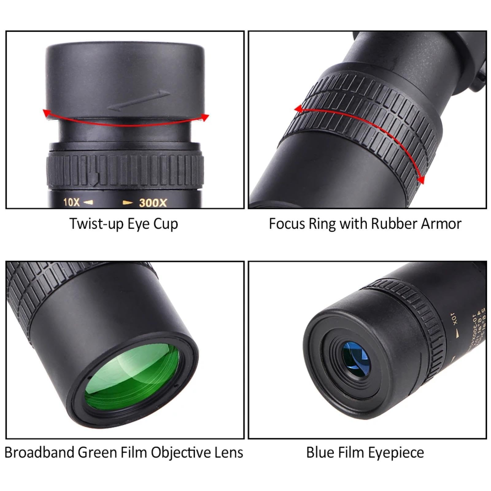 Monokulare Teleskope 10-300x40mm Bak4 Prismenspektiv mit Smartphone-Halterung und Stativ für Erwachsene Vogelbeobachtung Camping Wandern