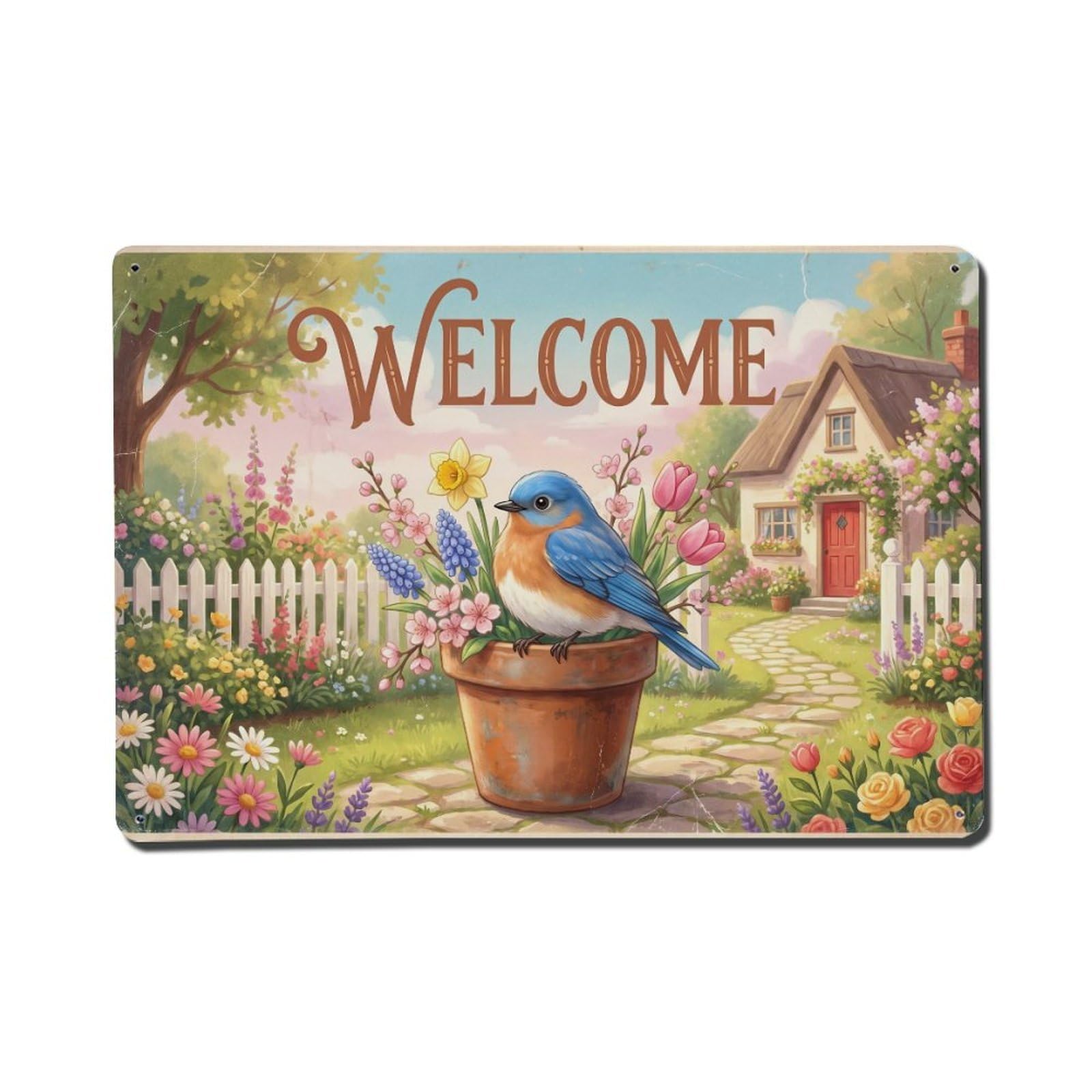 Vintage Welcome Bluebird Spring Garden Metal Tin Sign