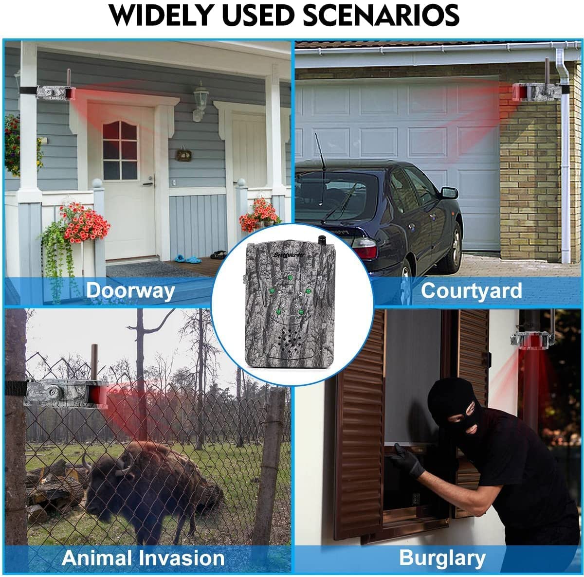 Detector Movimiento Inalambrico, Caza con Alarma en Reloj Alcance hasta 300m Sensor Detectores de Movimiento con Sonido y Vibración Seguimiento de Animales Alarma (1 Receptor Y 5 Detectore)