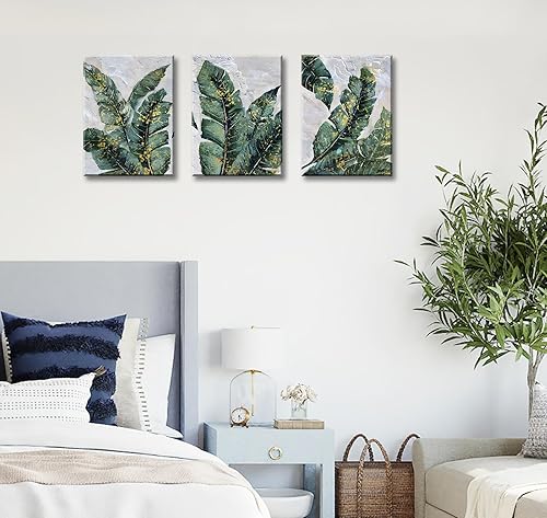 Miniatura 5 de BLINFEIRU Juego de 3 arte de pared botánico verde esmeralda, impresiones en lienzo de hojas de plátano tropicales, imágenes enmarcadas de plantas