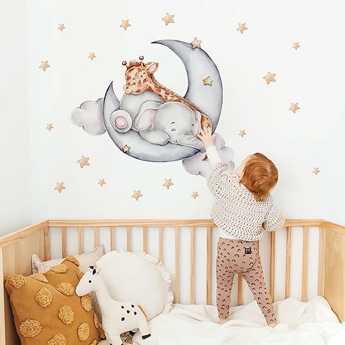 Miniatura 2 de Calcomanías de pared con diseño de jirafa de elefante y elefante, diseño de luna y estrellas de sacinora para decoración artística de decoración