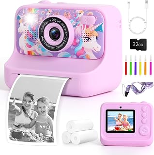Kids Camera Instant Print, 48MP Digital Camera for Kids with Inkless Printing, 32GB Card, 2.4" IPS Screen, 1080P Video, Selfie, Games – Kids Camera Toys for Girls Ages 3-12