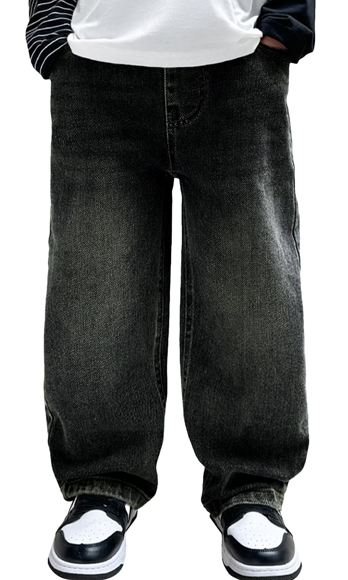 Happy Cherry Garçons Jeans Jambe Large Mode Baggy Jean Élastique Taille Pantalon Large en Denim avec Poches pour Enfants 5-14 Ans
