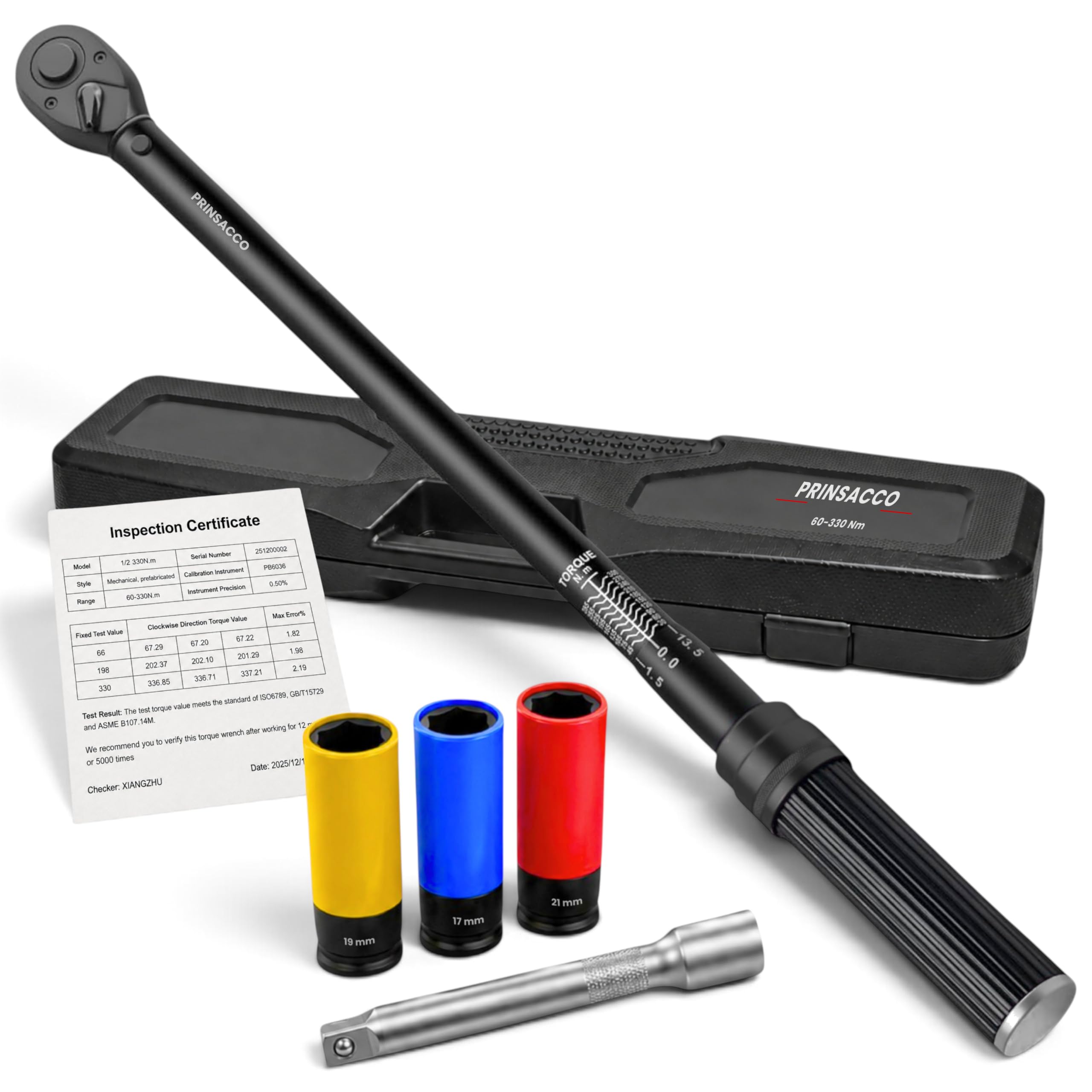 Drehmomentschlüssel 1/2 Zoll 60–330 Nm Vollmetall, ±3% Genauigkeit, 72-Zahn-Ratsche, ISO-6789-Kalibrierzertifikat, 3 Felgenschonnüsse & 125-mm-Verlängerung