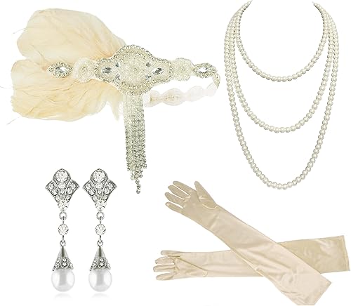 Cizoe - Accesorios estilo 1920 de diadema collar guantes boquilla para cigarrillo Juego de accesorios para disfraz estilo flapper para mujer