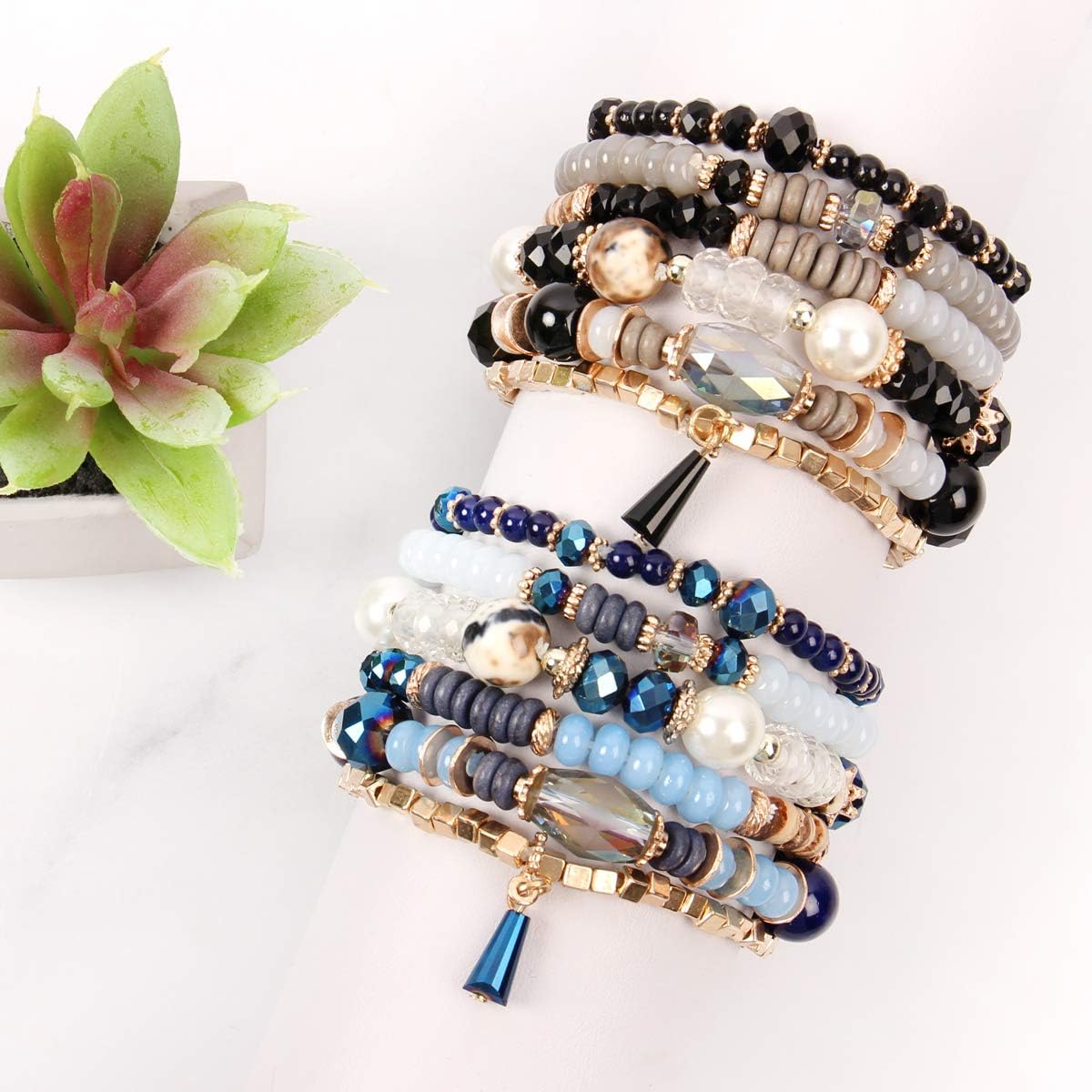 RIAH FASHION Bead Multi Layer Versatile Statement Bracelets - Stackable Beaded Strand Stretch Bangles Sparkly Crystal Mix, Tassel Charm
