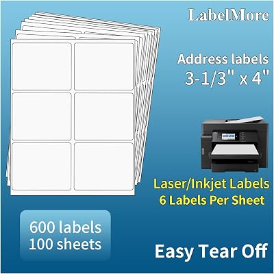 LabelMore 3 1/3 x 4 Labels - 6 Up Self Adhesive Shipping Labels - FBA Labels - 100 Sheet/ 600 Labels