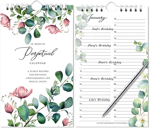 Calendario perpetuo  Calendario perpetuo de 12 meses sin fecha de enero a diciembre, calendario perpetuo de 5 x 10 pulgadas para recordar