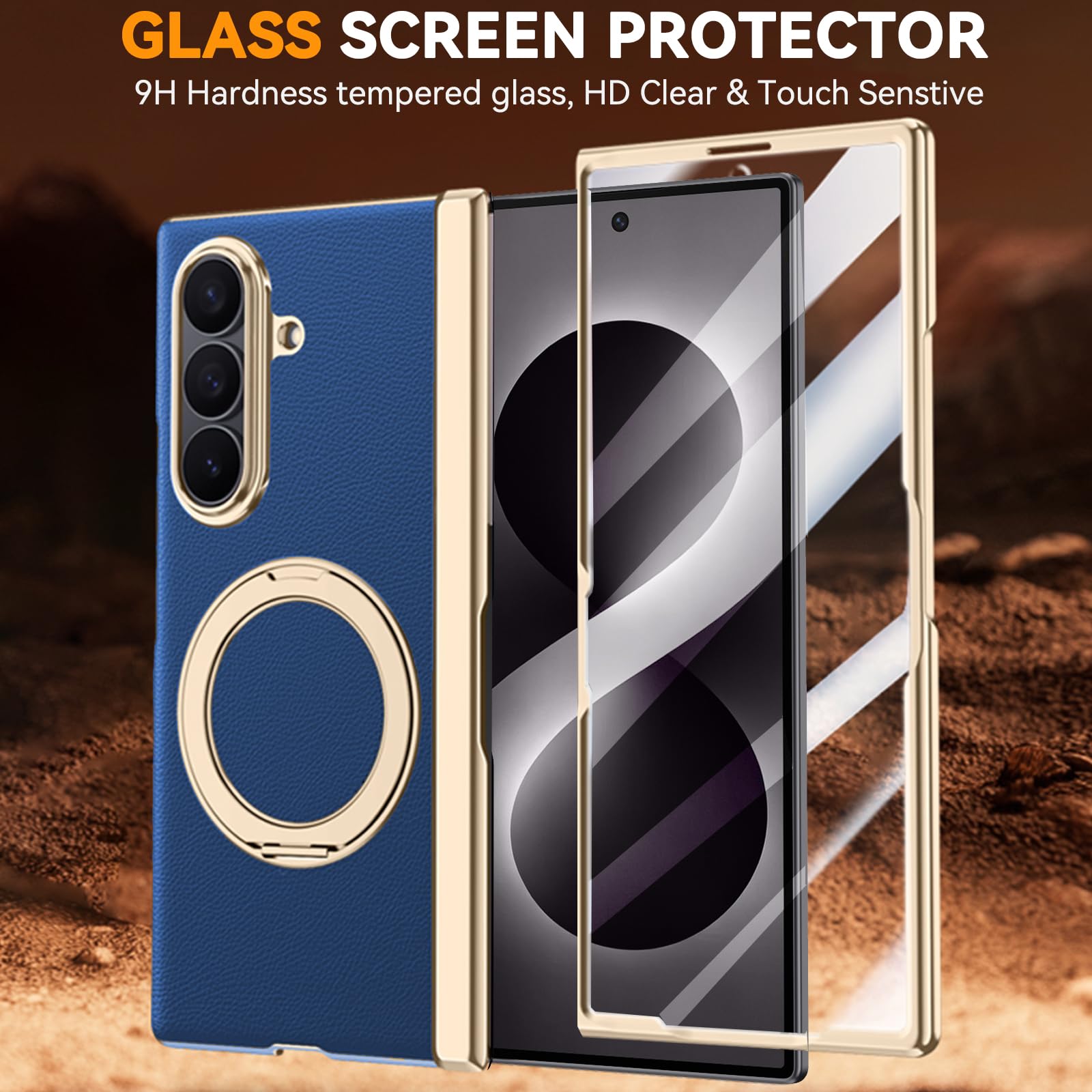 Custodia in pelle per Samsung Galaxy Z Fold 8 Ultra con supporto ad anello magnetico, [compatibile] Protezione schermo integrata copertura completa cerniera custodia in pelle per Z Fold 8 Ultra