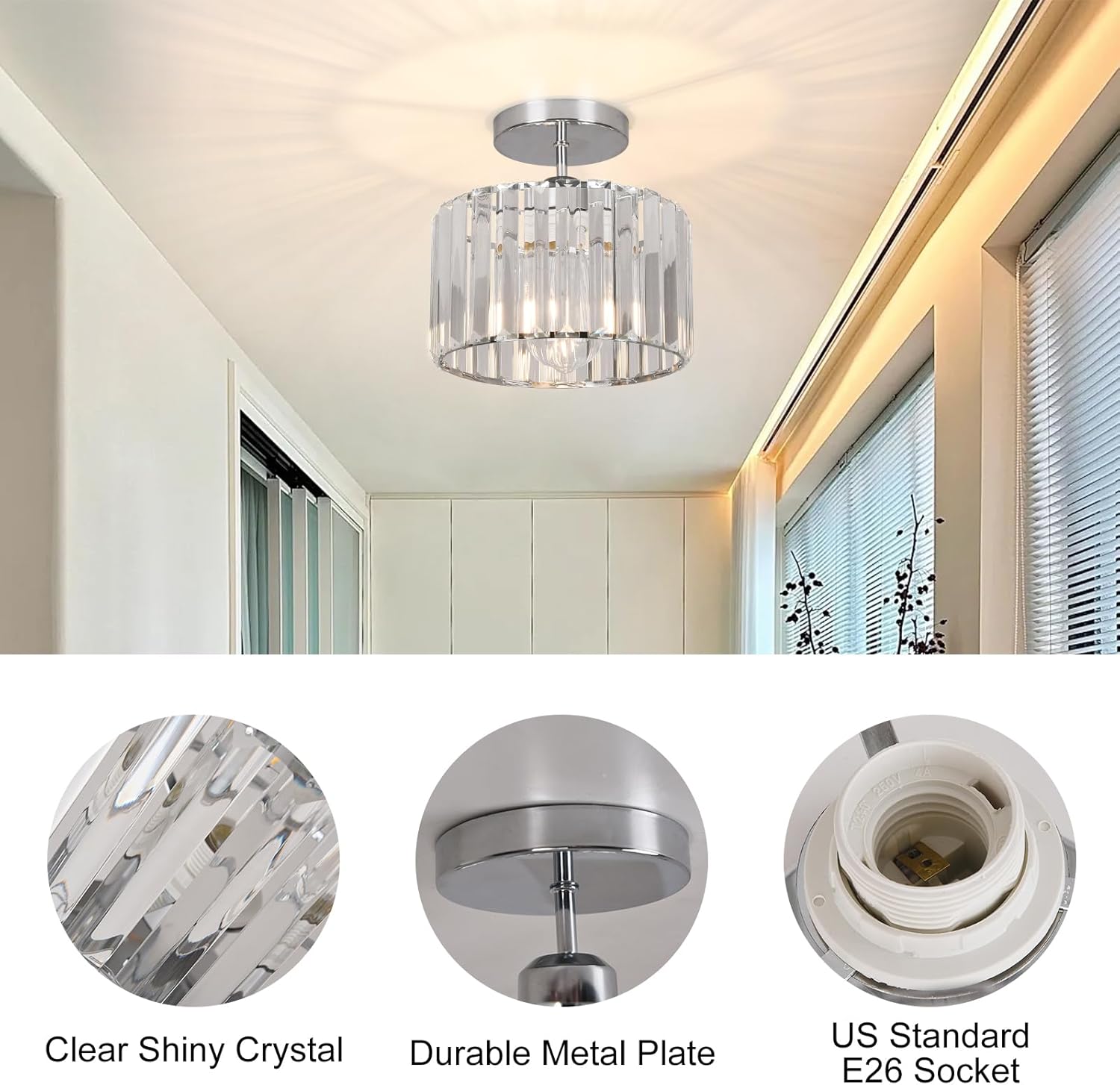 Crystal Ceiling Light Semi Flush Mount Ceiling Light Crystal Chandelier Hallway Light fixtures Silver Close to Ceiling Lamp for Entryway Bedroom Bathroom Living Room Kitchen Dining Room …