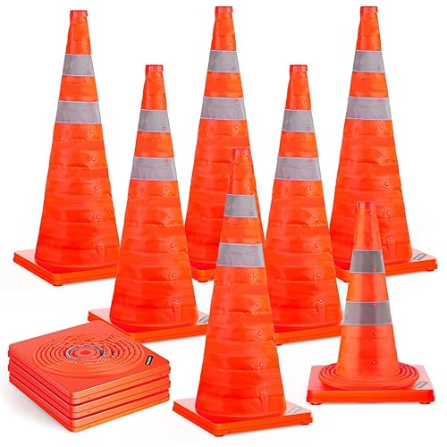 Miniatura 16 de BATTIFE [Paquete de 4] Conos de tráfico de seguridad plegables de 18 pulgadas, conos naranjas, conos emergentes multiusos con collar reflectante