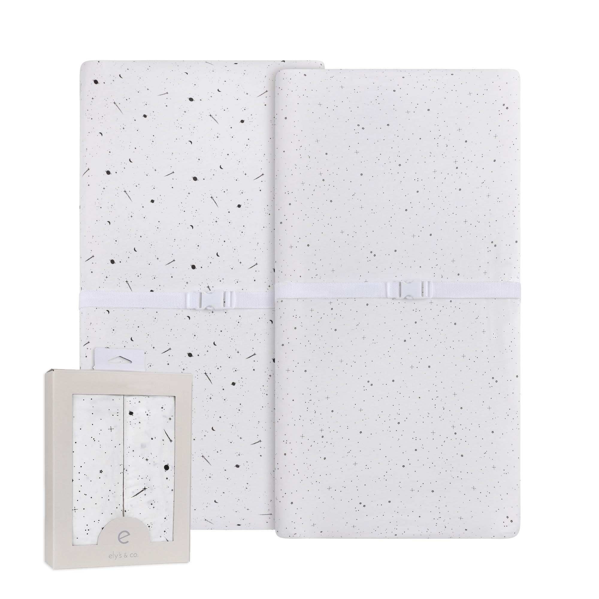 Ely’s & Co. Changing Pad Cover, Diaper Changing Table Sheets, 2 Pack, Cradle Sheet Set for Baby Boys/Girls, 100% Jersey Knit Cotton, Black and White Celestial Print, 32”x16”x5”