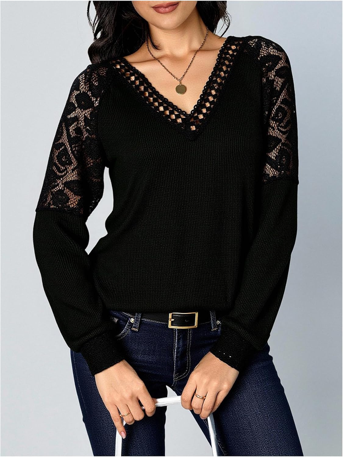 Women's Elegant Lace Long Sleeve Tops Fall V Neck Dressy Casual Work Office Blouses - Image 4