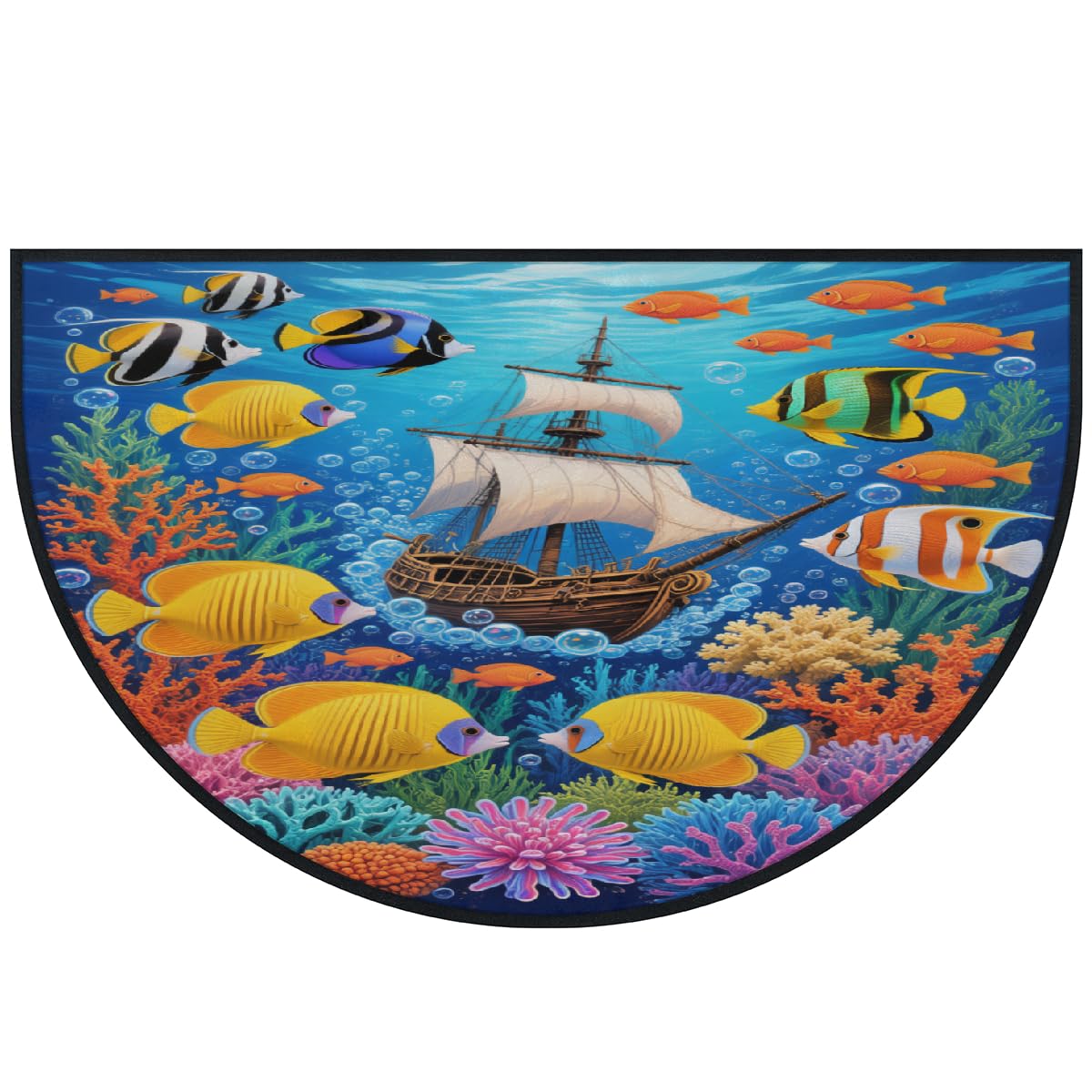 Große halbrunde Fußmatte – Segelboot, tropische Fische, rutschfest, saugfähig, halbrund, Eingangsbereich, Teppich, niedlich, weich, halbrund, waschbar, Teppich für Küche, Badezimmer