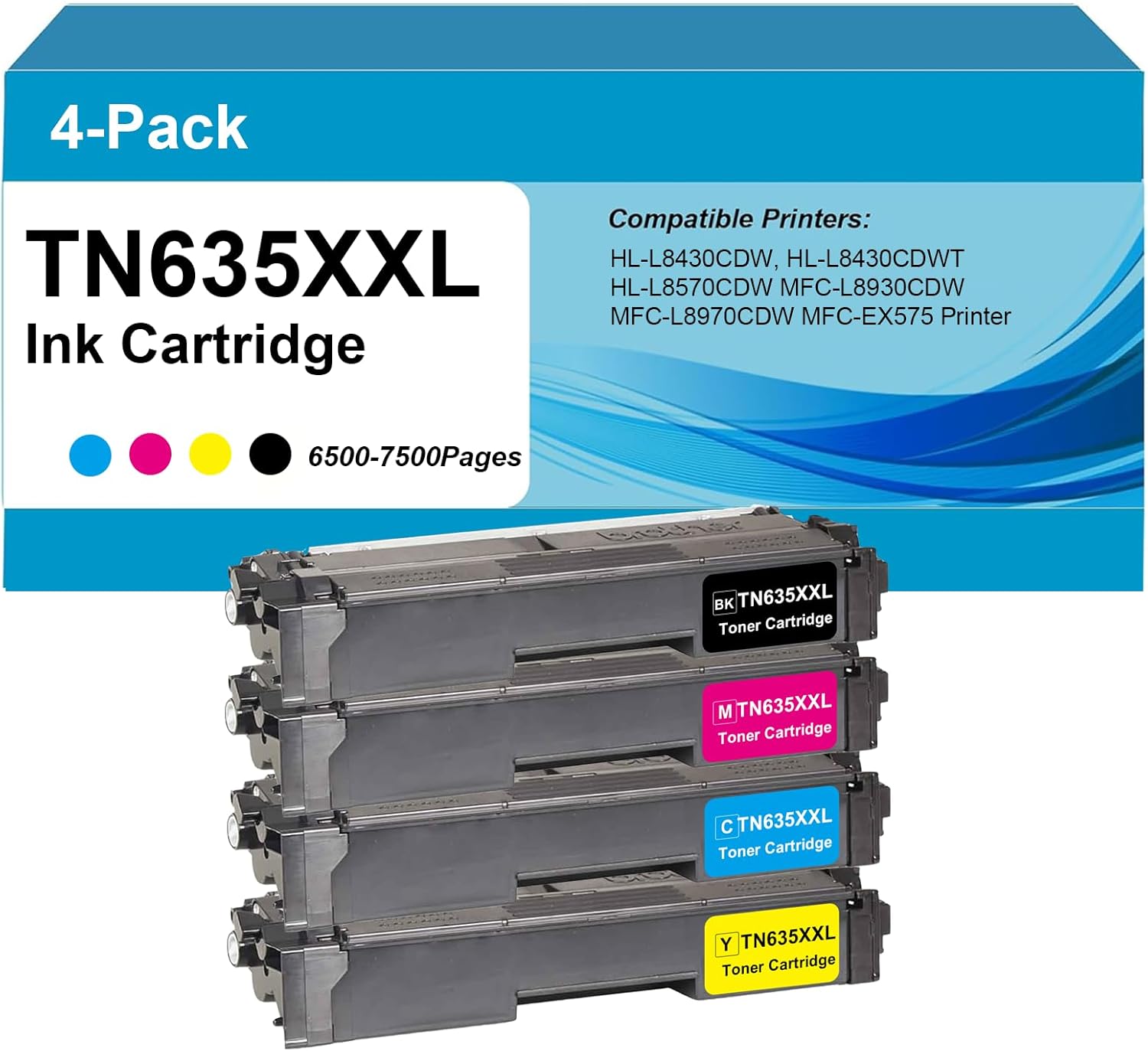 TN635XXL Super High Yield Toner Cartridge Compatible for HL-L8430CDW, HL-L8430CDWT, HL-L8570CDW, MFC-L8930CDW, MFC-L8970CDW, and MFC-EX575 Printer,Black,Cyan,Magenta,Yellow,4-Pack