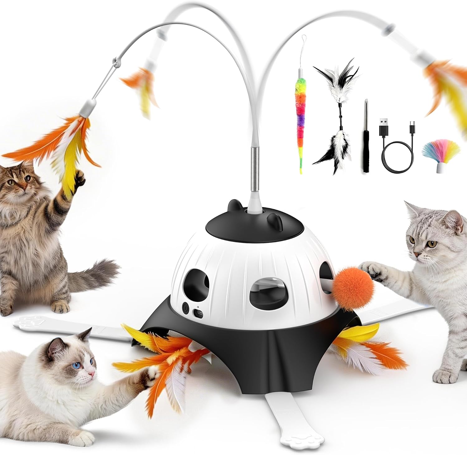 Casfuy 3-in-1 Interactive Whack-a-Mole & Rotating Feather Wand Cat Chasers Toy with Plush Tail, Black