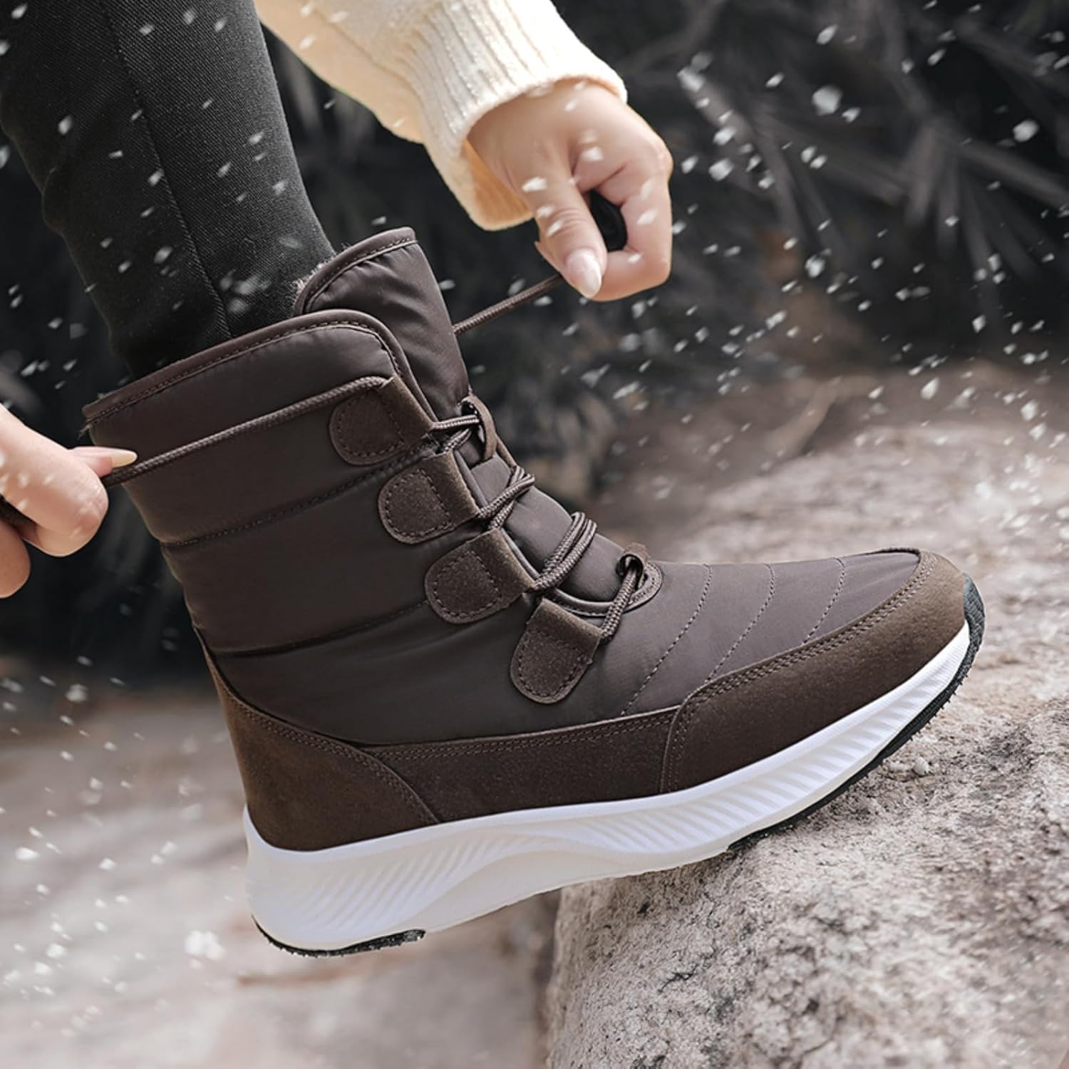 Women's Mid-Calf Winter Boots - Fleece-Lined Warm Footwear, Lace-Up Design, Non-Slip Thick Sole, Water-Resistant Upper, Comfortable for Cold Weather Outdoor/Indoor Wear.
