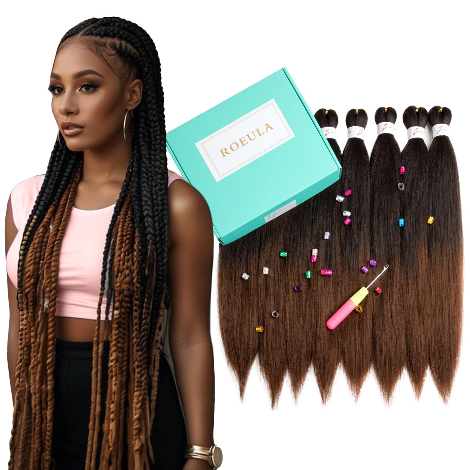 Roeula 1B/30 Pre Stretched Braiding Hair 26 Inch 8 Packs Long Ombre Off Black to Auburn Brown Braiding Hair Pre Stretched Professional Prestretched