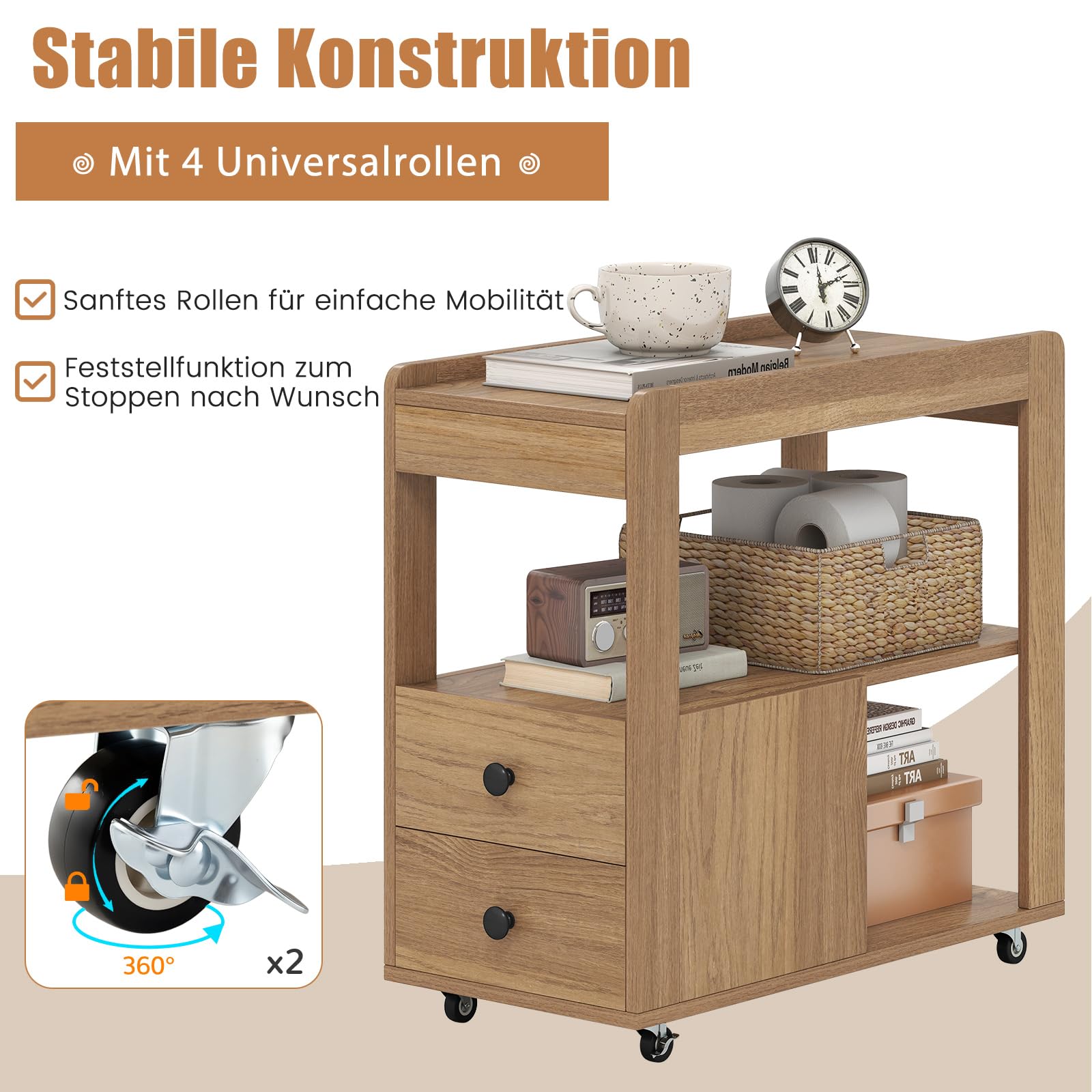COSTWAY Stolik do drukarki z rolkami, kontener na kółkach z 2 szufladami i półkami, stojak na drukarkę na biurko, wózek pomocniczy, kontener biurowy, wąski, do domu i biura, 65 x 30 x 62 cm (kolor